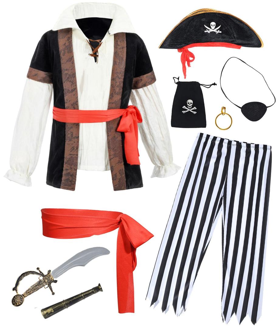 9 PCS Pirate Costume Kids Coat Pants Hat with Accessories Deluxe Set for Party Cosplay 3-12 Years