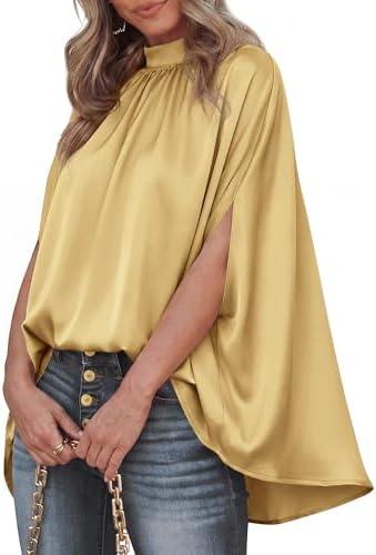 BTFBM Womens Summer Tops 2026 Mock Neck Batwing Sleeve Silk Satin Shirts Loose Oversized Dressy Casual Spring Blouses XL