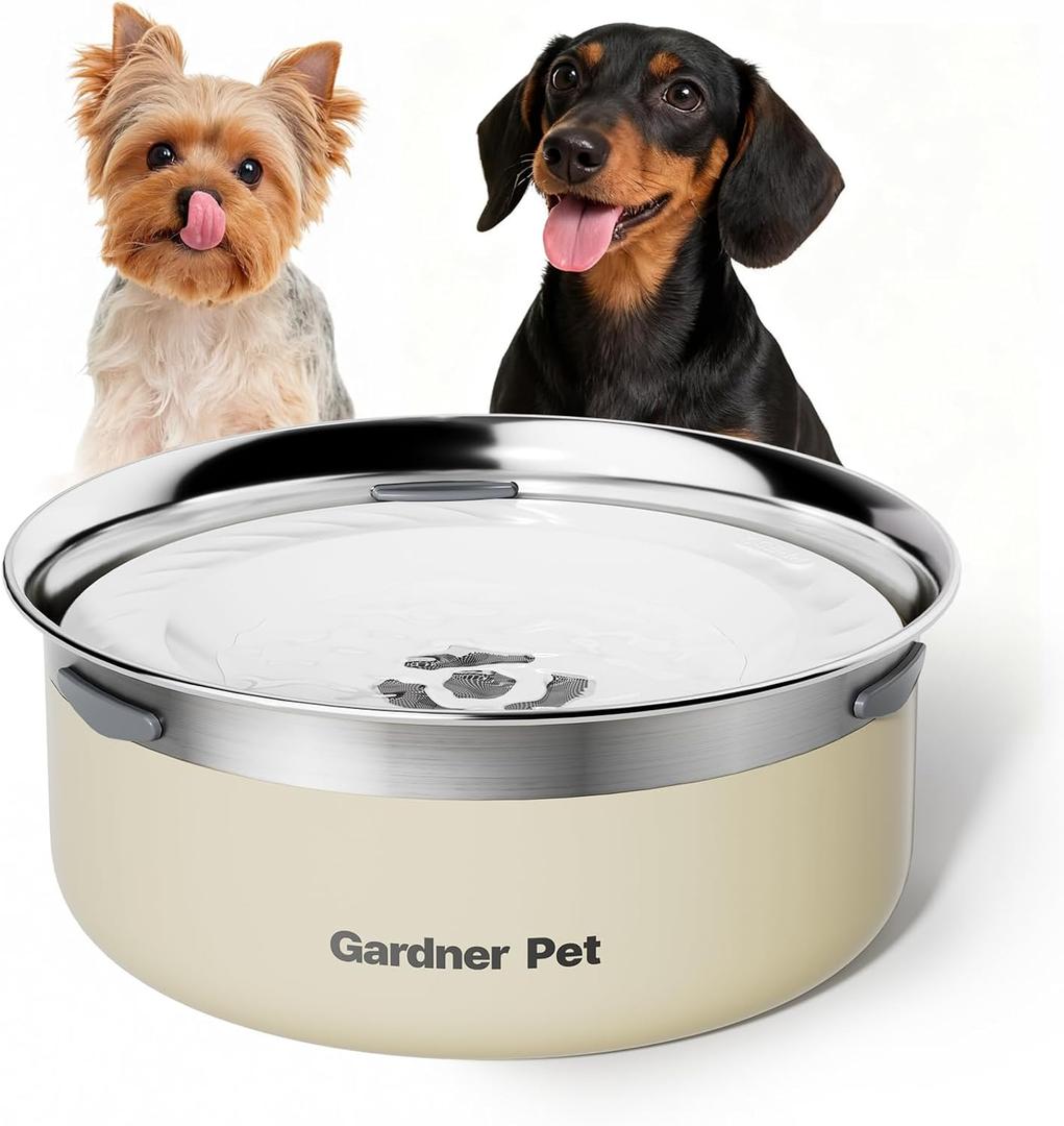Gardner Pet Slow Water Bowl for Dogs, 2L/68oz Spill-Proof Pet Water Bowl with Floating Disk, Stainless Steel No-Spill Water Dispenser for Medium Pets (White)