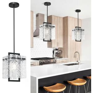 Modern Black Pendant Lights Kitchen Island, Pendant Light Fixtures with Water Ripple Glass, Elegant Adjustable Pendant Lighting, Island Lights for Kitchen, Dining Room, L7.3 x W11.6