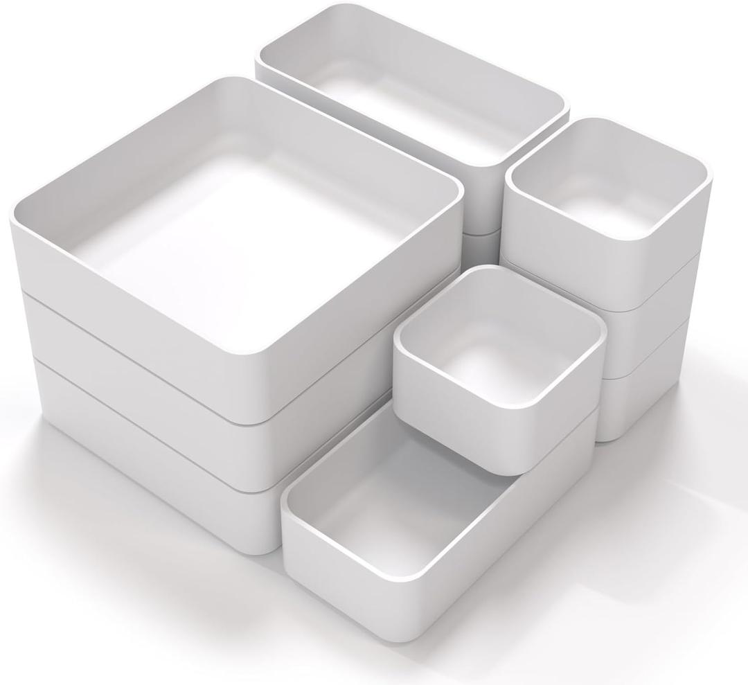 CHANCETSUI 11-Piece Stackable Drawer Organizer Set, Multi-size Desk Drawer Organizer Trays Vanity Storage Bins for Storing Makeup, Stationery, Utensils in Bathroom Dresser, Office and Kitchen (White)