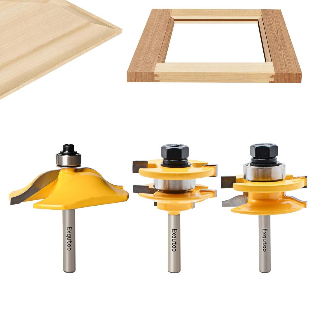 Exqutoo 3PCS 1/4" Shank Router Bit Set, Raised Panel Cabinet Door Making Router Bits, Cemented Carbide Router Bits, Woodworking Tools Router Door & Window Bits (Tenon Joint Cutter Diameter: 1-3/4")