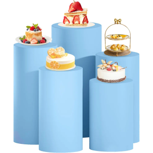 Spandex Cylinder Cover Light Blue Cylinder Pedestal Cover Set of 5 Stretchy Cylinder Stand Cover Cake Stand Pedestal Pillar Cover Round Cylinder Display Cover for Wedding Birthday Party