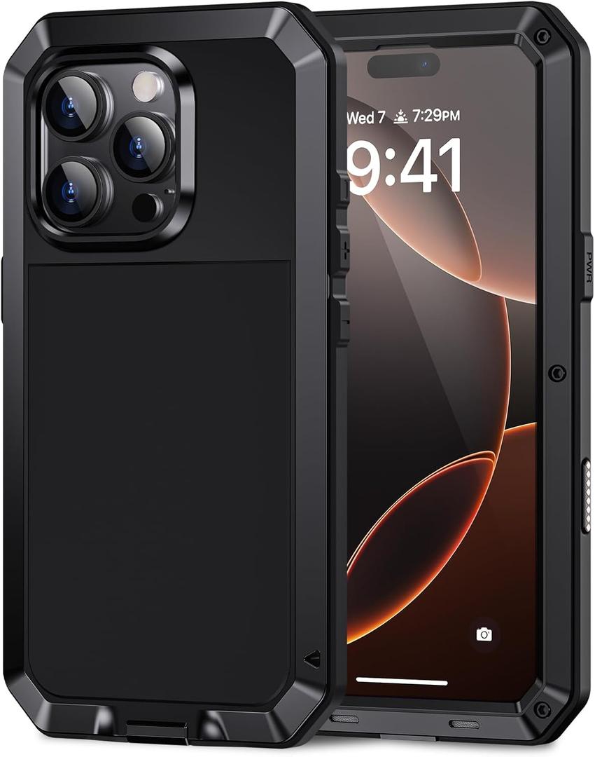 Lanhiem for iPhone 16 Pro Max Case, Metal Heavy Duty Shockproof Tough Rugged Case with Built-in Glass Screen Protector, 360 Full Body DustProof Strong Protective Phone Case for 16 Pro Max 6.9", Black
