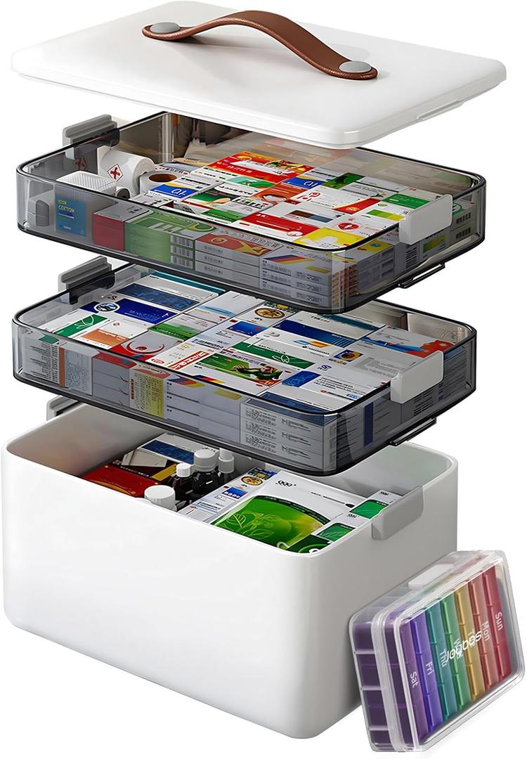 3-Tier Medicine Cabinet Organizer with Leather Handle, Empty Plastic First Aid Kit, Multipurpose Storage Box with A Portable Weekly Pill Organizer for Family Emergencies, Home, Travel, White