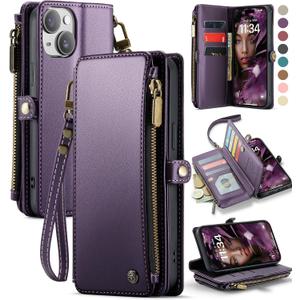 Defencase Compatible with iPhone 15 Plus Case Wallet with RFID Blocking Card Holder for Women Men, Soft PU Leather Magnetic Snap Flip Zipper Strap Wallet Phone Case Fit for iPhone 15 Plus 6.7", Purple