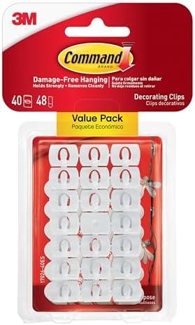 Command Decorating Clips, 40 Clips and 48 Strips, Damage-Free Hanging Light Clips with Adhesive Strips, No Tools Small Wall Clips for Hanging Lights and Cables