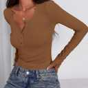 PRETTYGARDEN Women's 2025 Summer Long Sleeve Henley T Shirts Ribbed Knit Button Slim Fitted Basic Casual Going Out Fall Tops (Brown, XL)