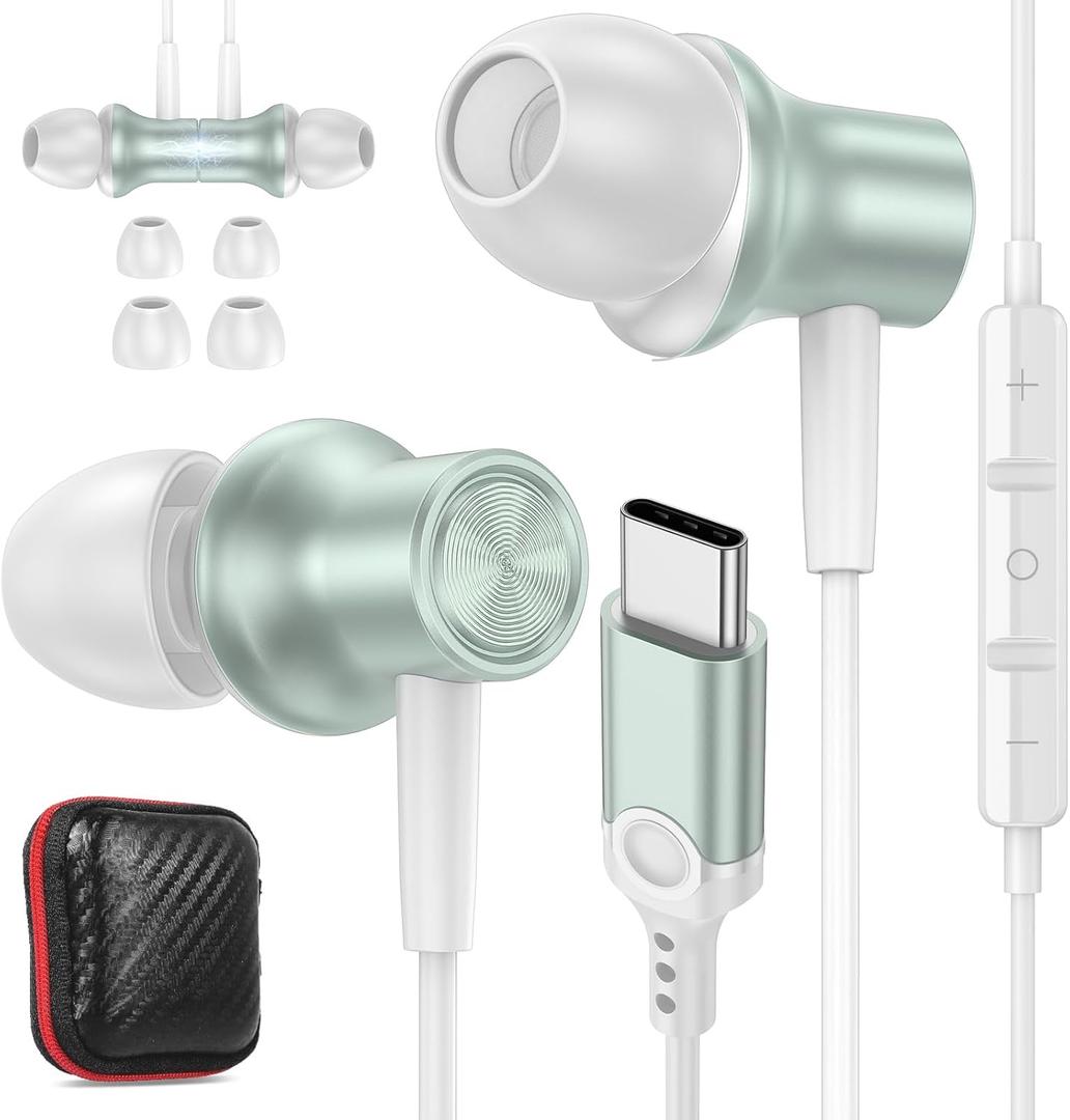 USB C Headphone for Google Pixel 10 9 Pro 8 7, Type C Earphone with Mic Stereo Magnet Case Corded Wired Earbuds for iPhone 17 Air 16 15 Pro Max Plus iPad Samsung S25 Ultra S24 S22 S23 Fe A35 A53 Flip (Green)