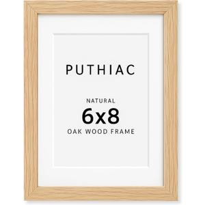 puthiac 6x8 Solid Oak Wood Picture Frame, Fits 5x7 with Mat or 6x8 Without Mat, Wall or Tabletop Display with Stand, Vertical or Horizontal, Plexi Front, 1 Pack, Natural Oak