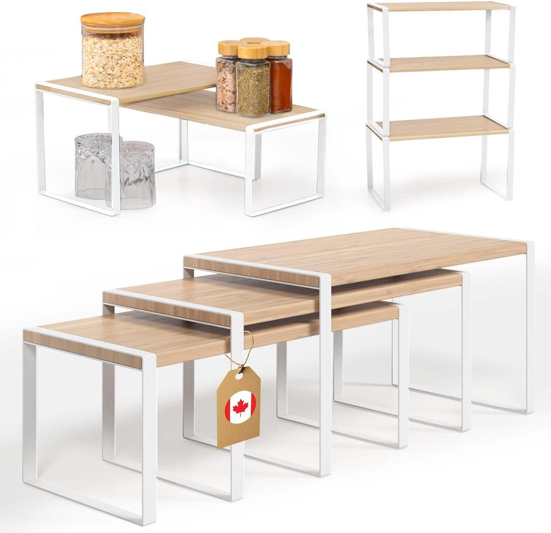 Ibyx Premium Kitchen Cabinet Organizer Shelf - Set of 3 Kitchen Counter Shelves - Stackable Shelf Racks for Cabinets - Metal Frame & Engineered Wood (Natural Wood, White Frame) (Natural Bamboo + White Frame)