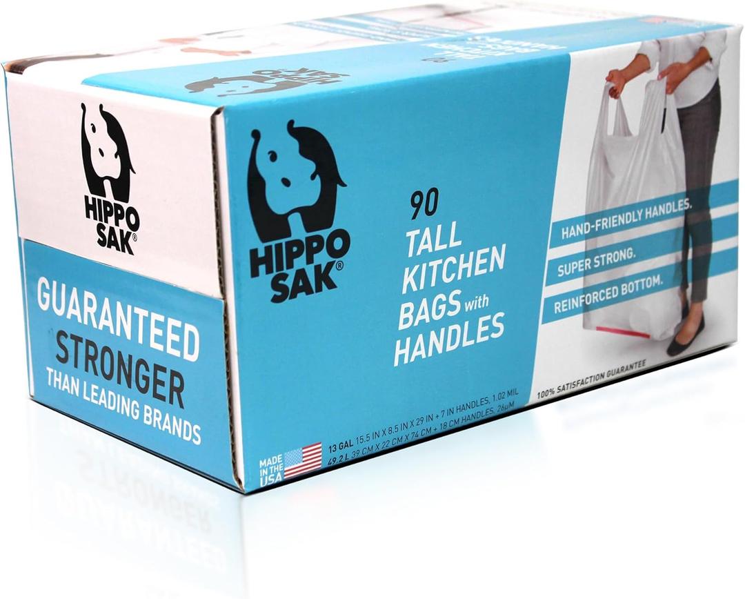 Hippo Sak - Tall Kitchen Garbage Bags with Ergonomic Handles - 13 Gallon Trash Bags - Super Strong, Patented Reinforced Bottom and Leak Proof Tall Kitchen Trash Bags - Heavy Duty Trash Bags (90 Count)