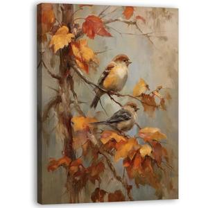 Zeuiwr Rustic Fall Bird Framed Wall Decor, Farmhouse Autumn Sparrow Bird Canvas Wall Art, Retro Country Fall Pictures Prints Artwork for Home Bedroom Living Room Decor, 11x14 Inches
