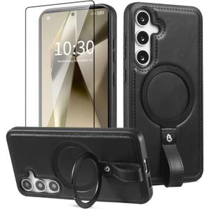 Samsung Galaxy S25 Case with Stand, Anti-Slip Shockproof Ring, Compatible with MagSafe, Magnetic Protective Holster with Camera Lens and Screen Protector (Black, S25)
