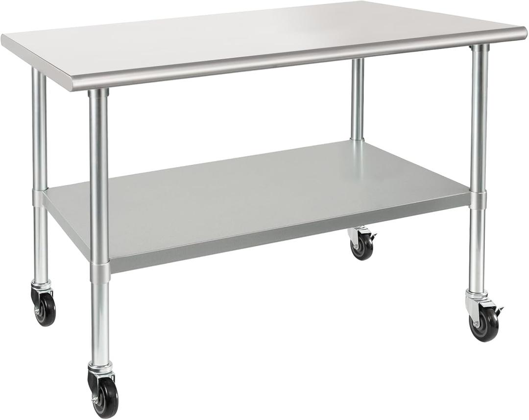 HARDURA Stainless Steel Table with Wheels 30 x 48 Inches Casters NSF Heavy Duty Commercial Work & Prep Table with Undershelf and Galvanized Legs for Restaurant Kitchen Bar and Hotel Garage