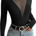 Trendy Deep V Sheer Mesh Women's T Shirts Long Sleeve Going Out Basic Tops (Black, M)