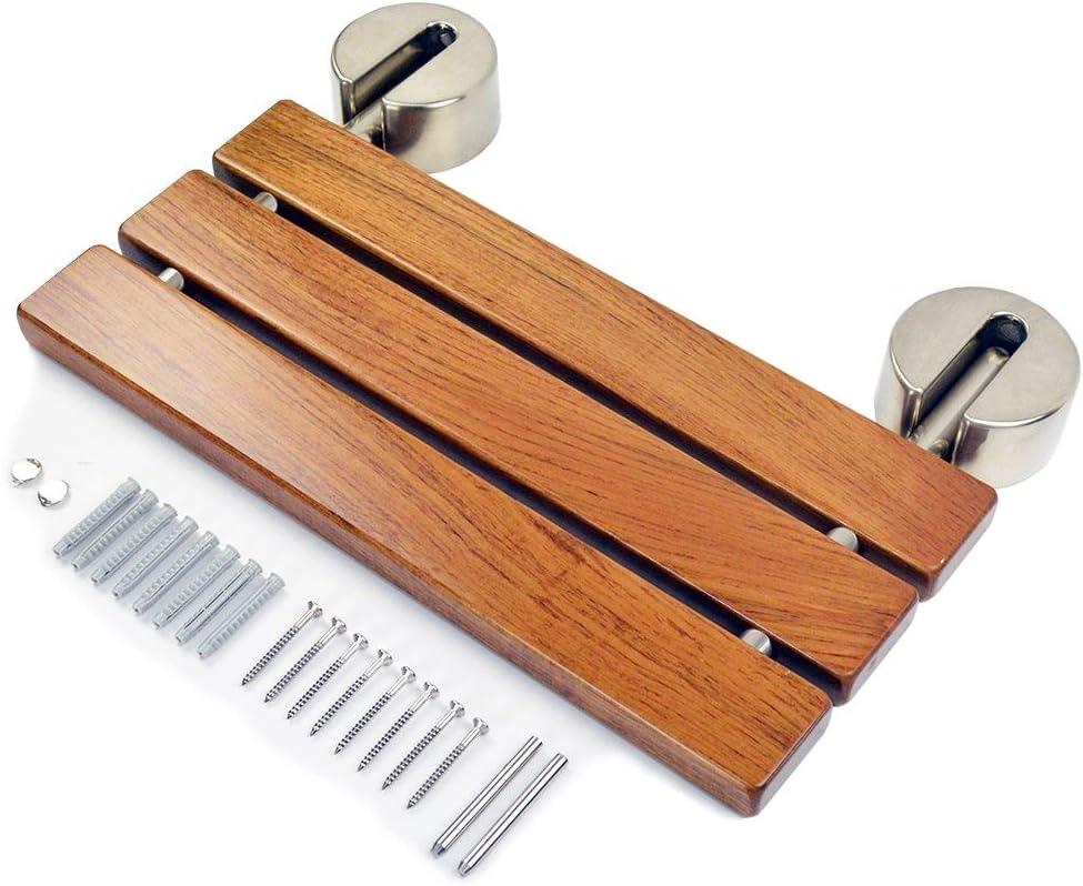 DIYHD 20" Premium Burmese Teak Wood Folding Shower Seat Bench, Brushed Wall Mounted Folding Bench, Solid Teak Wood with Stainless Steel Bars, 330 lbs Capacity, 14 W x 20 D, Fits 16 Stud Spacing