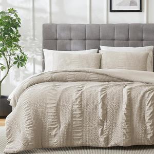 Seersucker Beige Twin size Comforter Set, 2 Pieces- Soft Washed Microfiber Tan Comforter with 1 Pillowcase sham, Cream Fluffy Down Alternative Bedding Comforter Sets for All Season (68x90 inches)