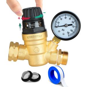 RV Water Pressure Regulator for RV Camper. Brass Lead-Free Adjustable Camper Water Pressure Regulator with 0-160 PSI Gauge Reducer Valve W Filter Package includes 1 raw tape for water pipes.