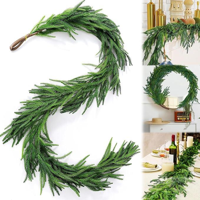 Christmas Decorations Artificial Norfolk Pine Garlands 6FT, Real Touch Winter Pine Garland, Green Artificial Greenery Garland for Table, Mantle, Wall, Indoor, Outdoor Decorations