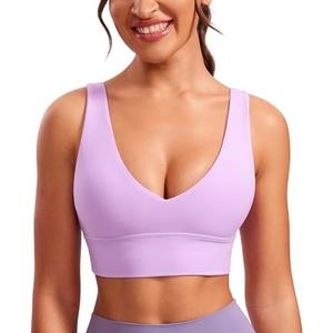 CRZ YOGA Butterluxe Womens V-Neck Longline Sports Bra - Wireless U-Shaped Open Back Yoga Low Impact Padded Crop Topб Size Small, 46