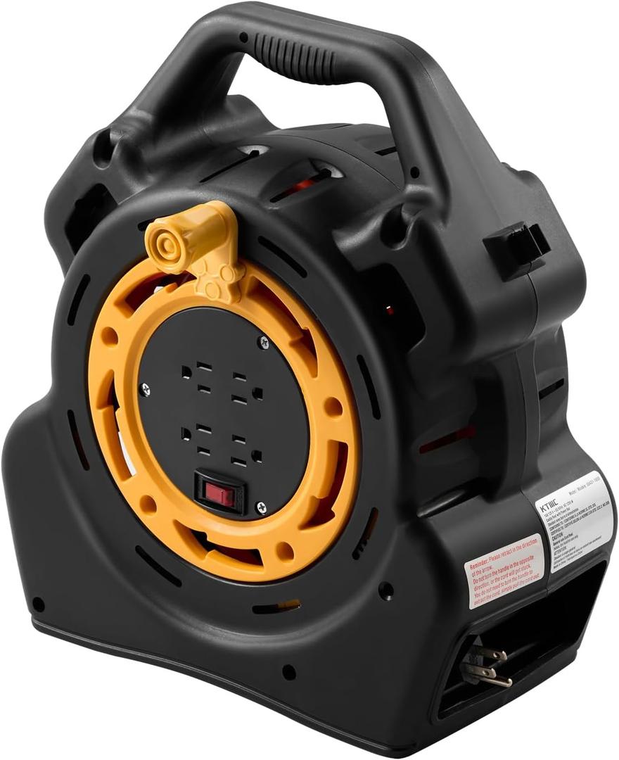KTMC Extension Cord Reel with 50FT Power Cord, Hand Wind Retractable, 16/3 AWG SJTW, 4 Grounded Outlets, 10 Amp Circuit Breaker, Yellow, Black, UL Listed
