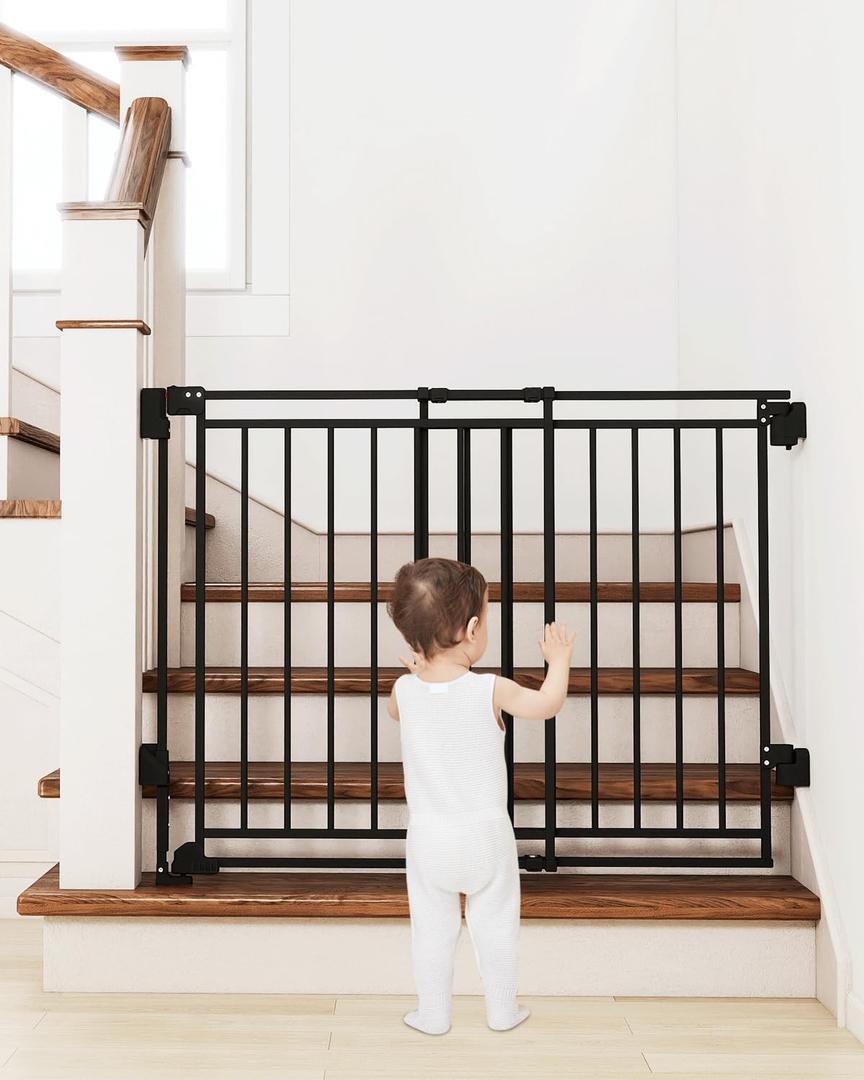 Miumoon 29-45" No Bottom Bar Baby Gate for Stairs, 2-in-1 Auto Close Dog Gate Indoor with Large Walk Thru Door, Hardware Mount Pet Gate for Top and Bottom Stairs (Black, 26.5-43" W x 29" H)