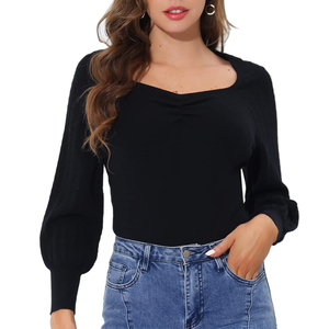Women's Lantern Sleeve Square Neck Slim Fitted Long Sleeve Casual Knit Tops Large