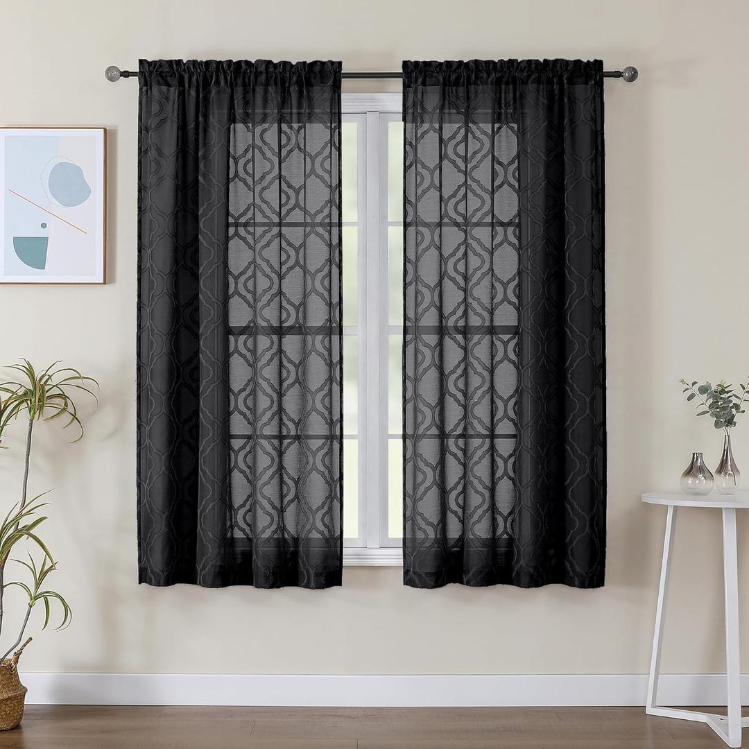 2 x Lecloud Wasa Black Sheer Curtains 63 Inch Length 2 Panels, Classic Solid Jacquard Textured Bedroom Curtains, Light Filtering & Lightweight Gauzy Window Curtain for Living Room, 42 W x 63 L