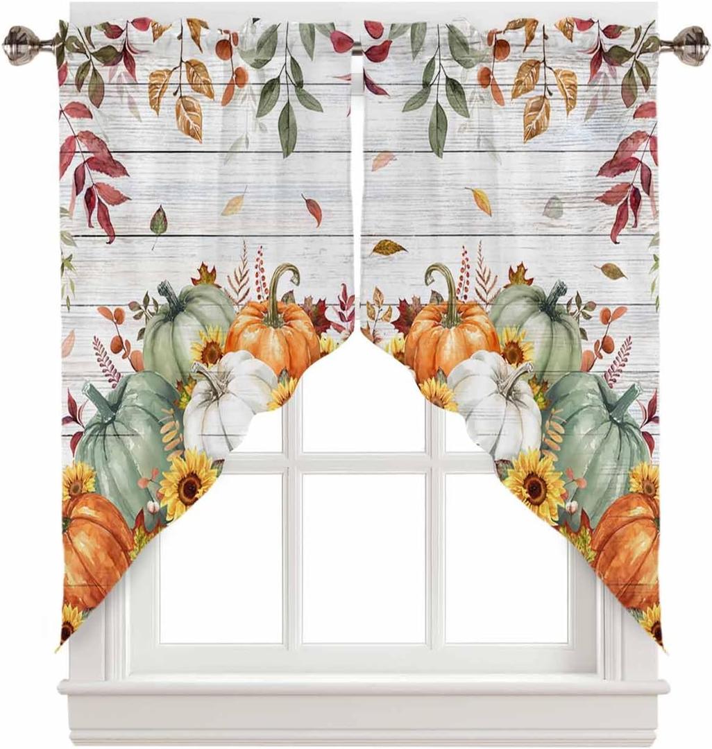 Fall Pumpkin Swag Valances for Windows Thanksgiving Valance Curtains, Wood Kitchen Curtain Sets Rod Pocket Kitchen Window Curtain Over Sink, Swag Curtains for Living Room Bedroom, 28x36inch,2 Panels (Green Gray)