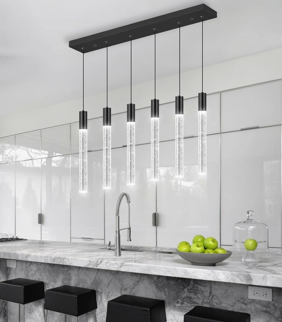 6 Lights Rectangular Crystal Pendant Lights for Kitchen Island LED Dimmable Light Modern Chandeliers Lighting Fixtures for Dining Room Bedroom Hanging Light Black