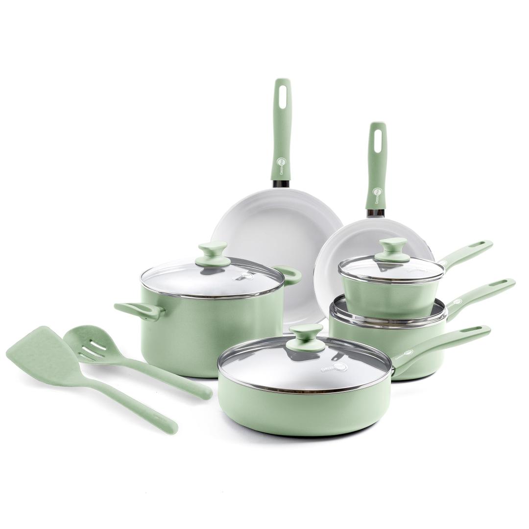 GreenPan Dover Healthy Ceramic Nonstick, 12 Piece Cookware Pots and Pans Set, PFAS-Free, Dishwasher Safe, Comfort Grip Handle, Pastel Green