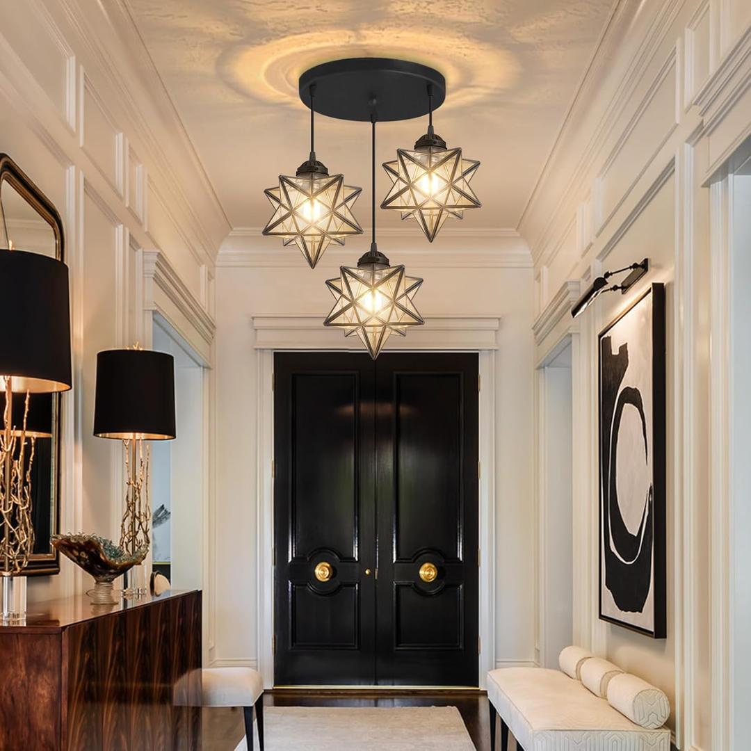 HAIXIANG Farmhouse Glam Chandelier with Glass Star Pendants Light Fixture Elegant Ceiling Hanging Lights Included Warm Light Bulbs Black, Clear Star*3 Round