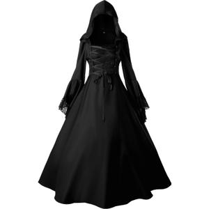 Jeufoin Women's Gothic Victorian Witch Vampire Dress Medieval Renaissance Halloween Cosplay Hooded Costume (Medium, Black)