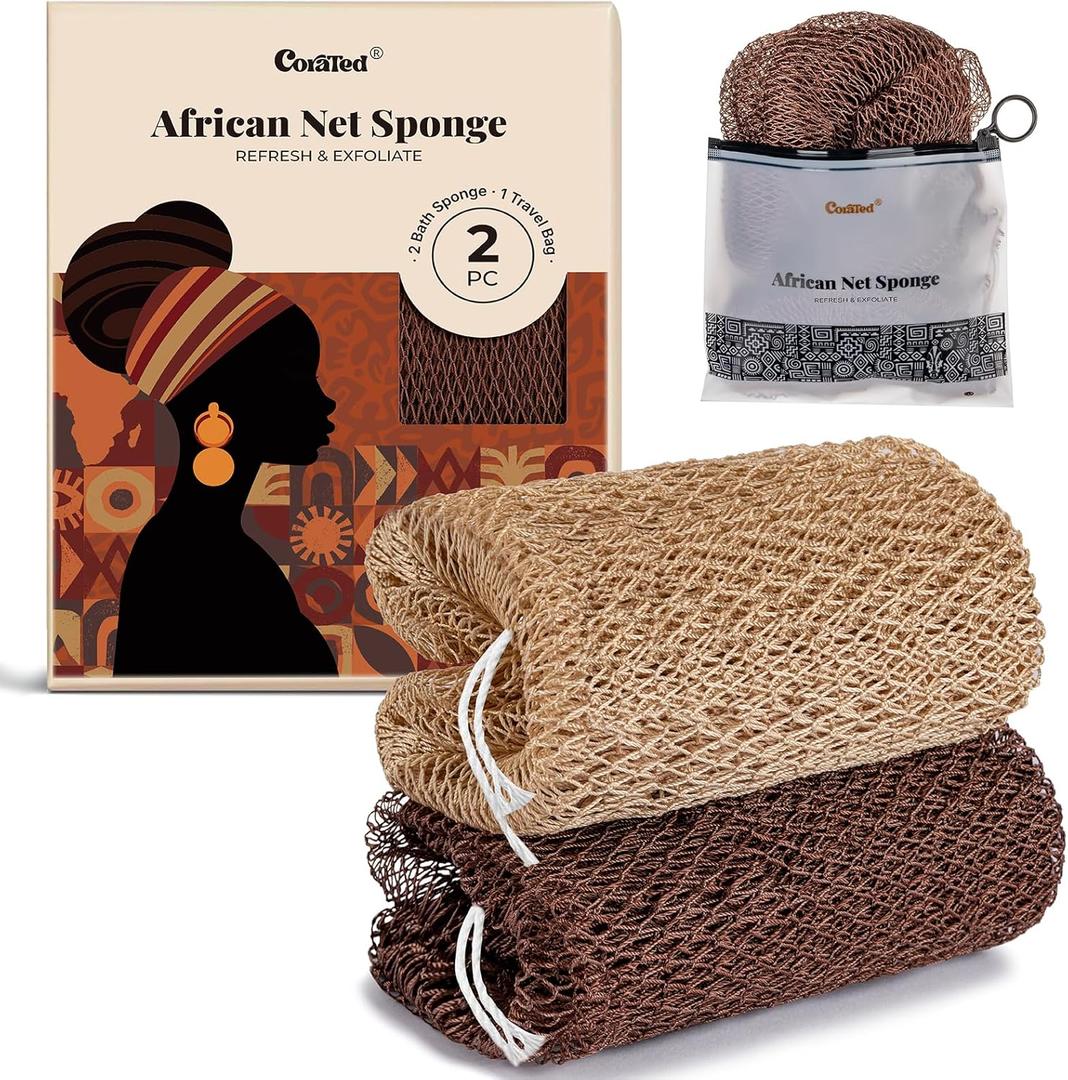 CORATED African Net Sponge Authentic, Shower Loofah Exfoliating Bath Sponge, Body Scrubber for Women and Men Daily Use Body Care, Travel Portable Bath Accessories Gifts for Women (Linen & Brown)