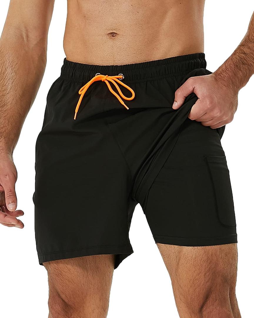 SILKWORLD Mens Swimming Trunks with Compression Liner 2 in 1 Quick-Dry Swim Shorts with Zipper Pockets (Large, Black)