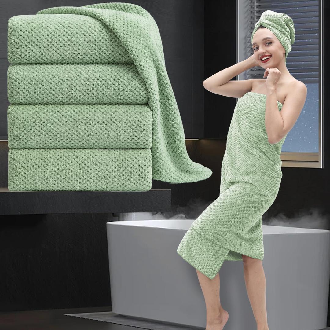 MAGGEA Extra Large Bath Towel Set of 4 (35"x70"), Oversized Bath Sheet Super Soft Highly Absorbent Jumbo Bathroom Towel Set Microfibers Quick Dry Shower Towel for Hotel, Bathroom, Guest, Spa, Gym (Green)