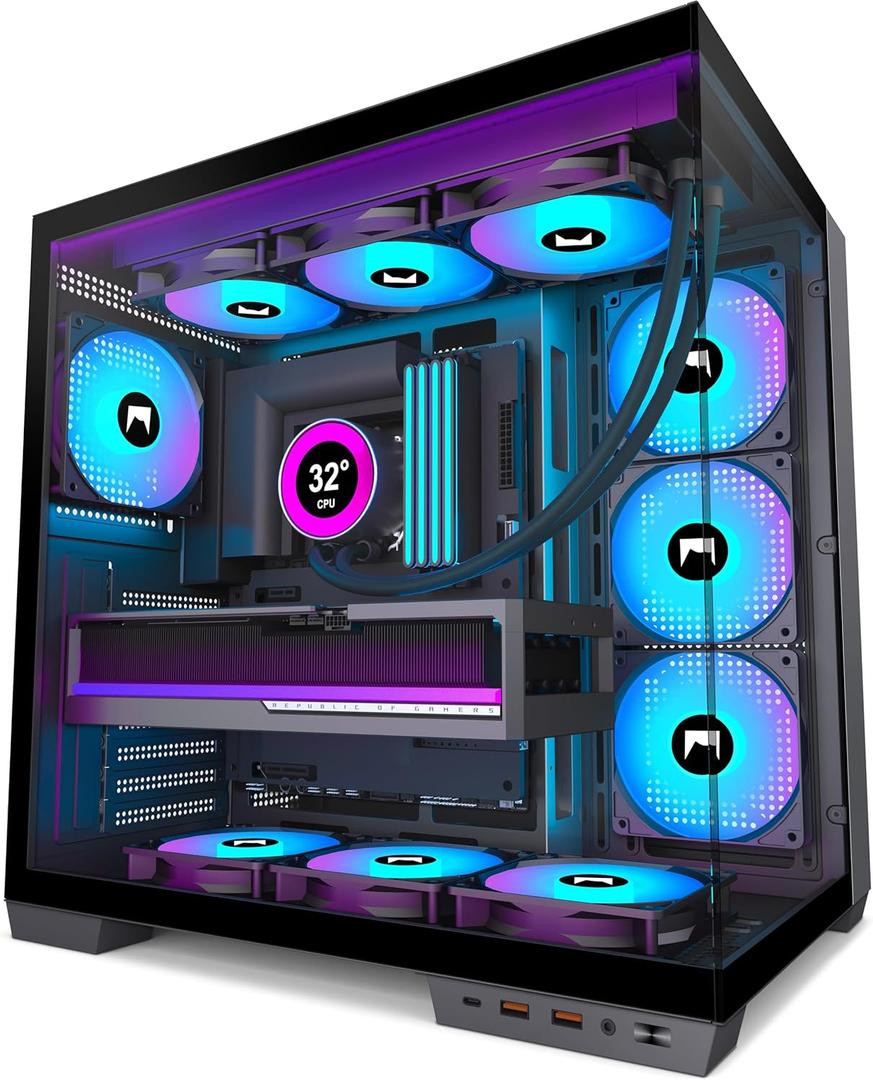 H1 HYXN ATX PC Case - Pre-Installed with 7 PWM ARGB Fans - Dual Cavity Mid-Tower PC Gaming Case - with Type-C - Can Hold up to 3X 360mm Radiator Support simultaneously (Black, H1)