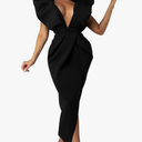 Memoriesea Women's Sexy Deep V Neck Puff Sleeve Side Split Ruched Backless Gown Dress.XL