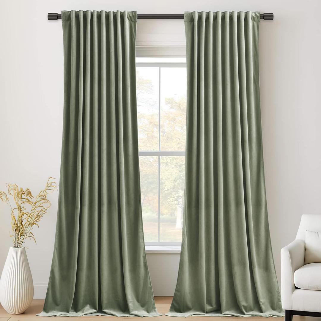 StangH Sage Green Velvet Curtains 84 inches 2 Panels - Thermal Insulated Light Blocking Privacy Drapes for Bedroom/Living Room/Dining Room/Home Office, W52 x L84