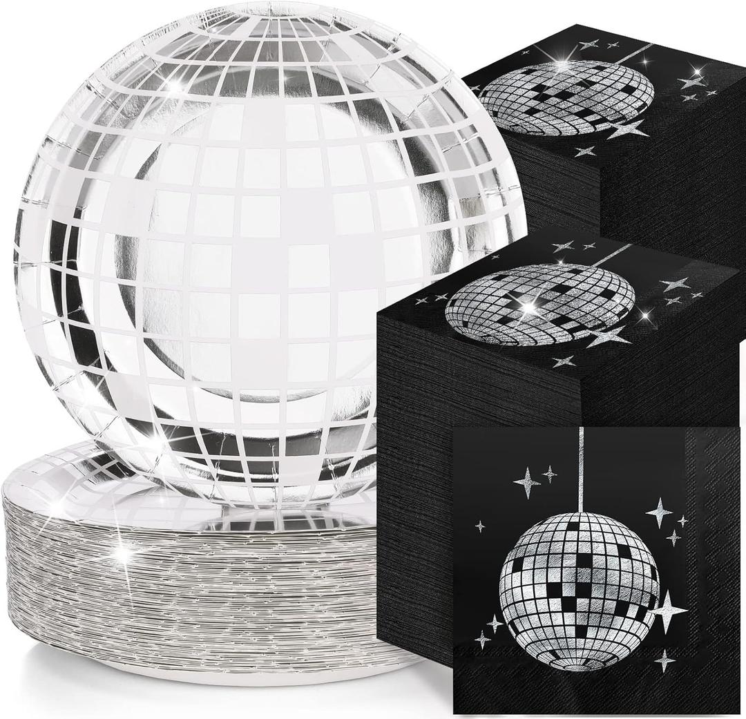 Funtery 200 Pcs 70s 80s Disco Plates and Napkins Party Supplies Includes Disco Ball Paper Plates and Napkins for 100 Guests Silver Napkin for 90s Birthday Party(Black)