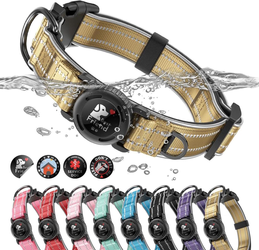 Upgrade Airtag Dog Collar,with IPX8 Waterproof AirTag Holder | Reflective Ultra-Durable | Soft Padded | Lock Buckle | Heavy Duty | Fit Small Medium Large DogsChampagneS(12"15")