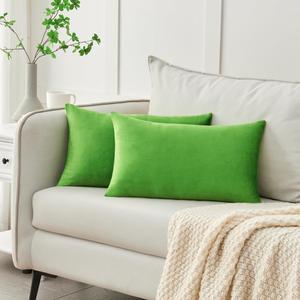 Krifey Throw Pillow Covers Velvet Spring Decorative Square Pillowcase Soft Cushion Case for Couch Bedroom Car 12x20 Inch Apple Green, Pack of 2