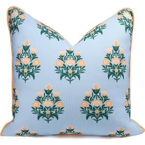 Coastal Indoor Outdoor Throw Pillow Cover ONLY, 18"x18" Water Repellent for Couch, Patio, Backyard, Baby Blue Orange Floral with Piping