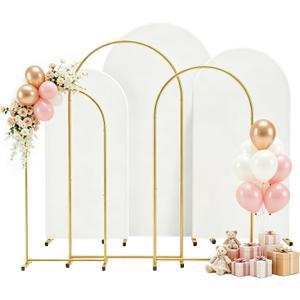 Arch Backdrop Stand and Cover Set 7.2FT/6.6FT/6FT, Gold Wedding Arch Frame with White Arch Cover Stretchy Spandex Wrinkle-Resistant, Wedding Arches for Ceremony Birthday Party Baby Shower