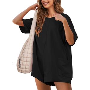 Women's Oversized Tee Rompers Hot Shot One Piece Short Sleeve Backless Jumpsuits V Neck Shorts Overalls with Pockets (Black, M)