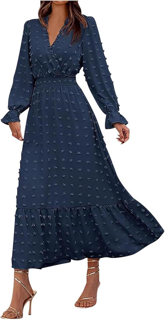 Swiss Dots Wedding Guests Dresses for Women Elegant V Neck Long Sleeve Swing Ruffle Hem Party Cocktail Maxi Dress, Blue Size L