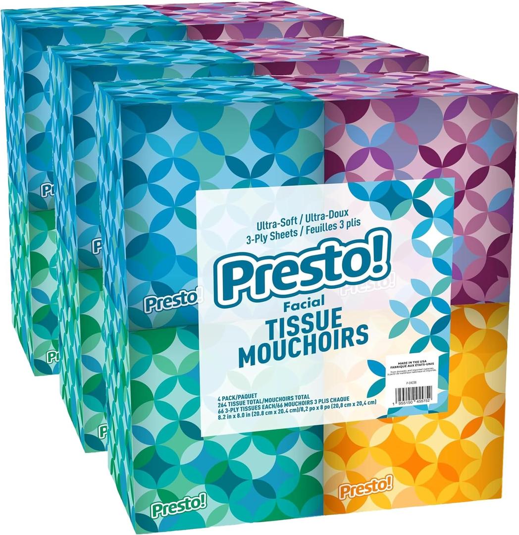 Amazon Brand - Presto! Ultra-Soft 3-Ply Premium Facial Tissues, 66 Count (Pack of 12)