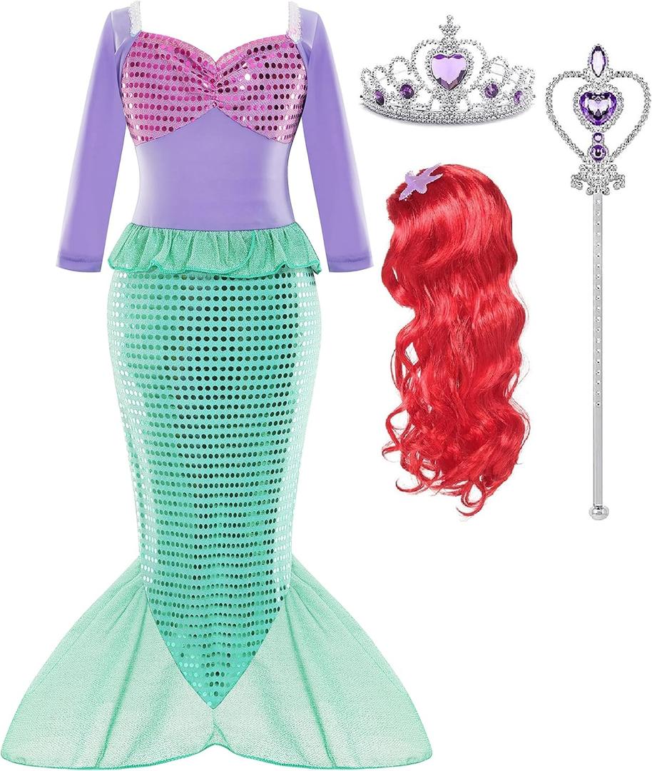 Arie Costume For Girls Little Mermaid Dress Up Costume Arie Dress Age 3-8 With Wig Halloween Cosplay Birthday Party (100 3 Years)