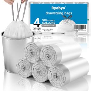 180 Counts Drawstring Small Trash Bags 2-4 Gallon, 4 Gallon Mini Trash Bag Extra Strong, Small Garbage Bags Unscented, Stretchy, Quick Cinch for Bathroom Bedroom Office,White